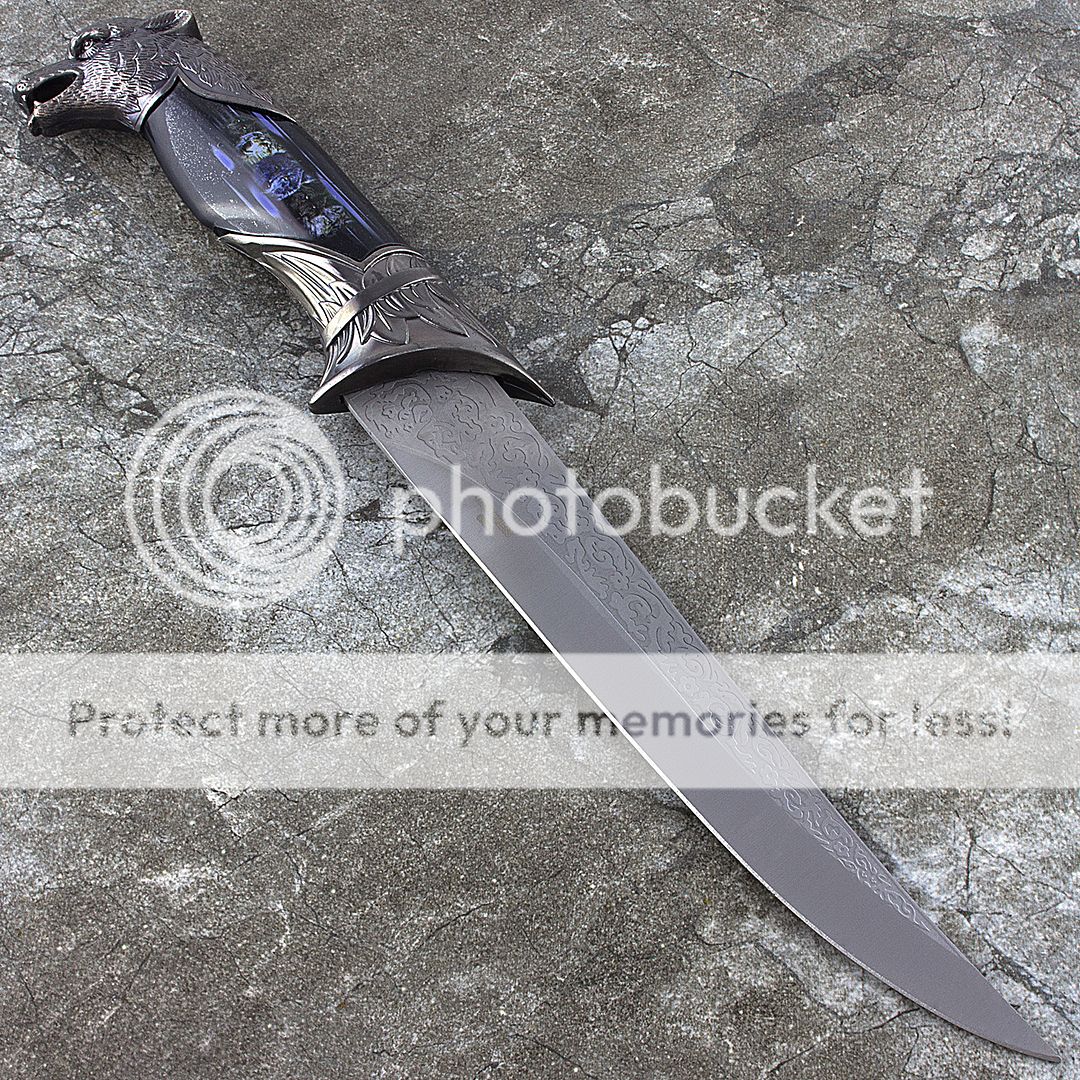 13" WOLF HEAD DAGGER KNIFE w/ COLLECTOR'S SHEATH Fantasy Steel Hunting